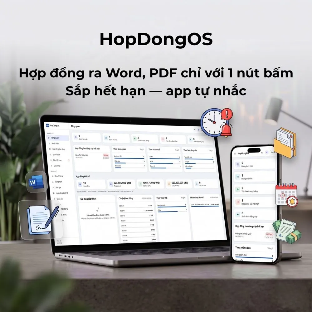 Giao diện HopDongOS trên laptop và điện thoại